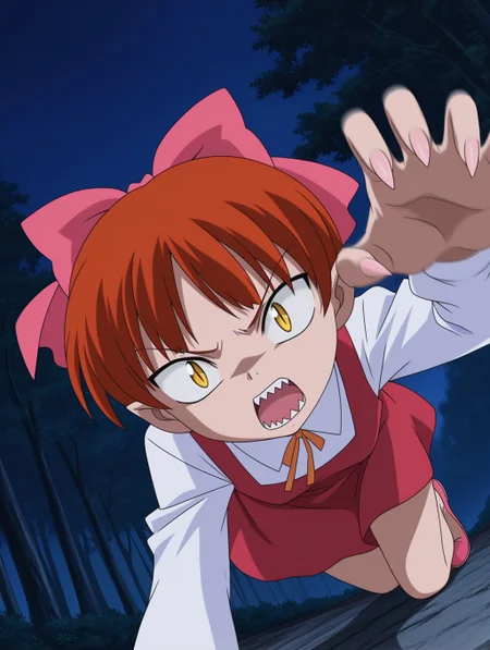 masterpiece, best quality, amazing quality, detailed background, perfect eyes, anime coloring, anime screenshot, 2000s \(style\), 1girl, solo, nekomusume (gegege no kitaro 5), red hair, short hair, choppy bangs, pink hair bow, (yellow eyes, slit pupils:1.2), small breasts, white shirt, long sleeves, orange lace ribbon, red dress, pink footwear, all fours, glowing eyes, sharp nails, annoyed, open mouth, sharp teeth, dutch angle, cowboy shot, (incoming attack, motion blur:1.3), (outdoors, night, dark, soft light),