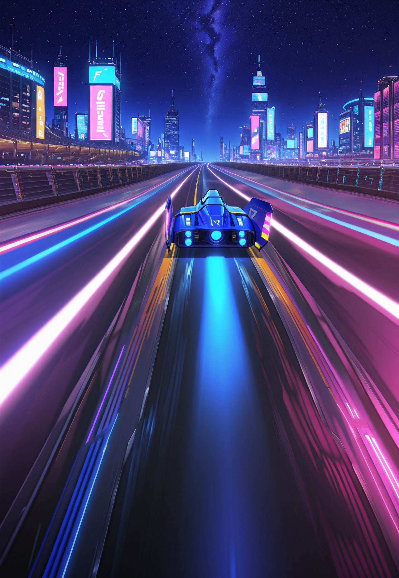 blue_falcon, machinery, ground level, hovercraft, racing, racetrack, futuristic city streets, neon signs, Dynamic diagonal composition, Sleek aerodynamic design, Opaque cockpit, Smooth curved surface, Geometric patterns, ground vehicle, (Blue and white glowing lights:1.2), Bright blue propulsion beams, (Glowing propulsor details:1.3), tokyo city, blade runner, Bright neon signs, Iconic buildings, (Vibrant color contrasts:1.2), Dark starry night sky, Partial illumination on city structures, Dramatic shadows, (High-tech futuristic ambiance:1.3), Bold digital textures, Sharp luminous contrasts.Masterpiece,best quality,hi res,8k,hi res,8k,award winning,(sharp focus, intricate, highly detailed),