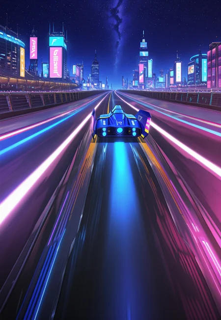 blue_falcon, machinery, ground level, hovercraft, racing, racetrack, futuristic city streets, neon signs, Dynamic diagonal composition, Sleek aerodynamic design, Opaque cockpit, Smooth curved surface, Geometric patterns, ground vehicle, (Blue and white glowing lights:1.2), Bright blue propulsion beams, (Glowing propulsor details:1.3), tokyo city, blade runner, Bright neon signs, Iconic buildings, (Vibrant color contrasts:1.2), Dark starry night sky, Partial illumination on city structures, Dramatic shadows, (High-tech futuristic ambiance:1.3), Bold digital textures, Sharp luminous contrasts.Masterpiece,best quality,hi res,8k,hi res,8k,award winning,(sharp focus, intricate, highly detailed),