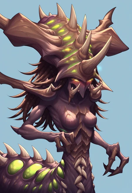score_9, score_8_up, score_8, source_anime, toon zagara, <lora:Zagara:0.89> horns, no humans, monster, yellow eyes, solo, glowing, glowing eyes, spikes, upper body, small breasts, blush, embarrassed, looking away,
simple background, light blue background,