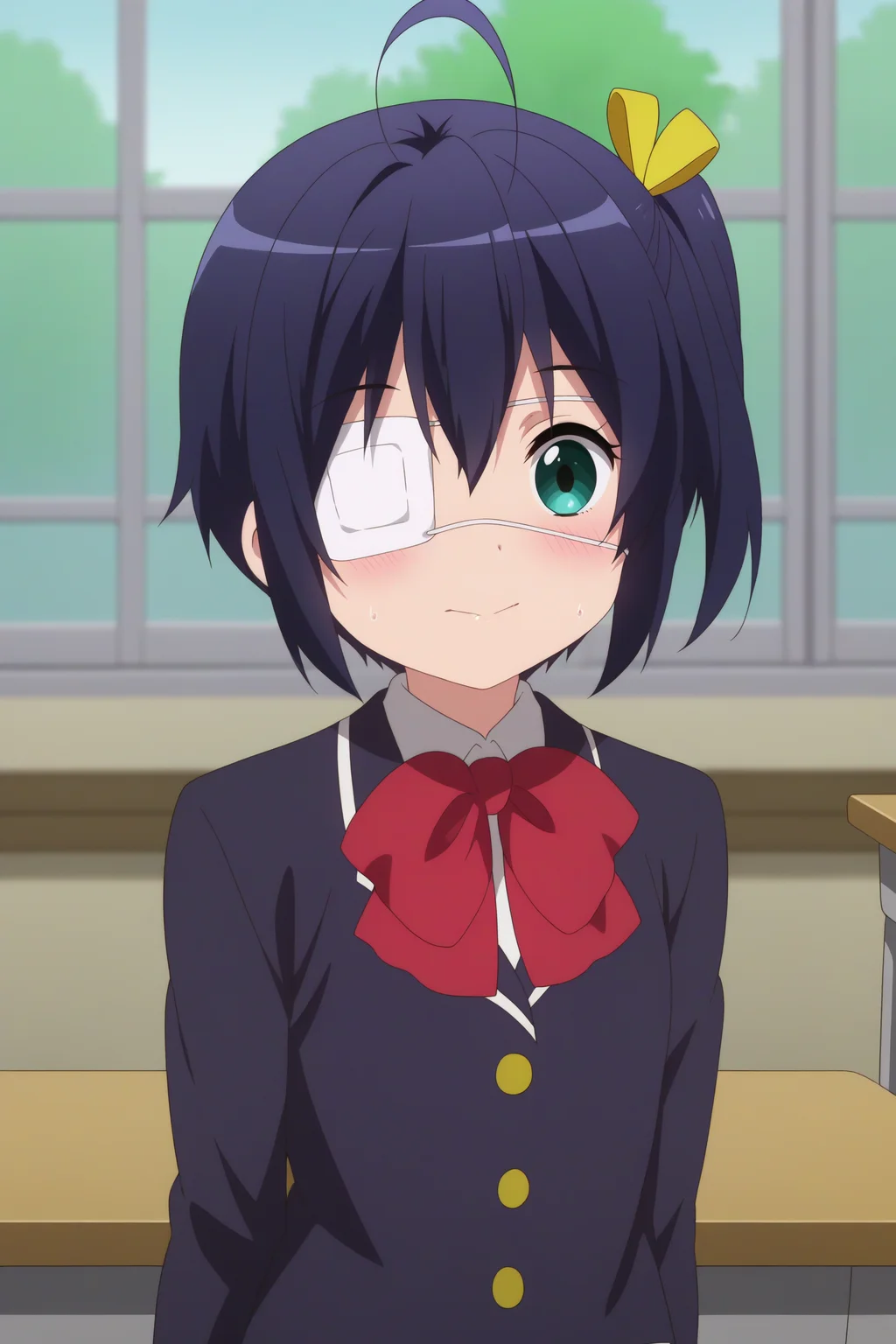 1girl,solo,rikka takanashi,eyepatch,medical eyepatch,one side up,short hair,ahoge,icho private high school uniform,school uniform,ribbon,bow,black hair,indoors,school,classroom,windows,hand behind the back,smile,blush,dutch angle