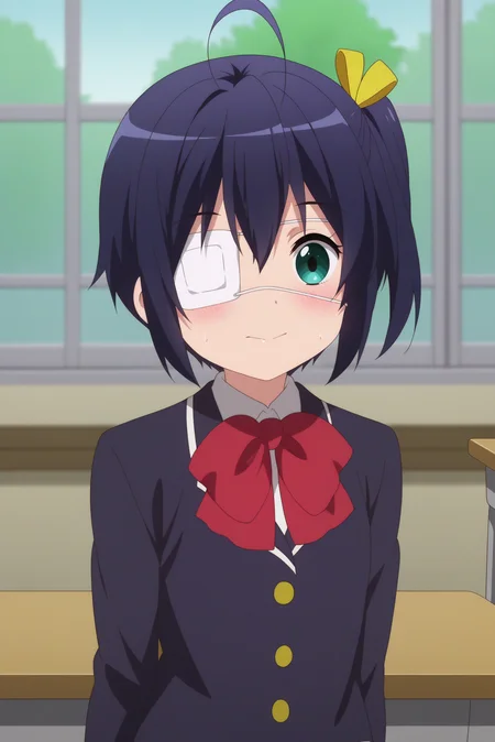 1girl,solo,rikka takanashi,eyepatch,medical eyepatch,one side up,short hair,ahoge,icho private high school uniform,school uniform,ribbon,bow,black hair,indoors,school,classroom,windows,hand behind the back,smile,blush,dutch angle