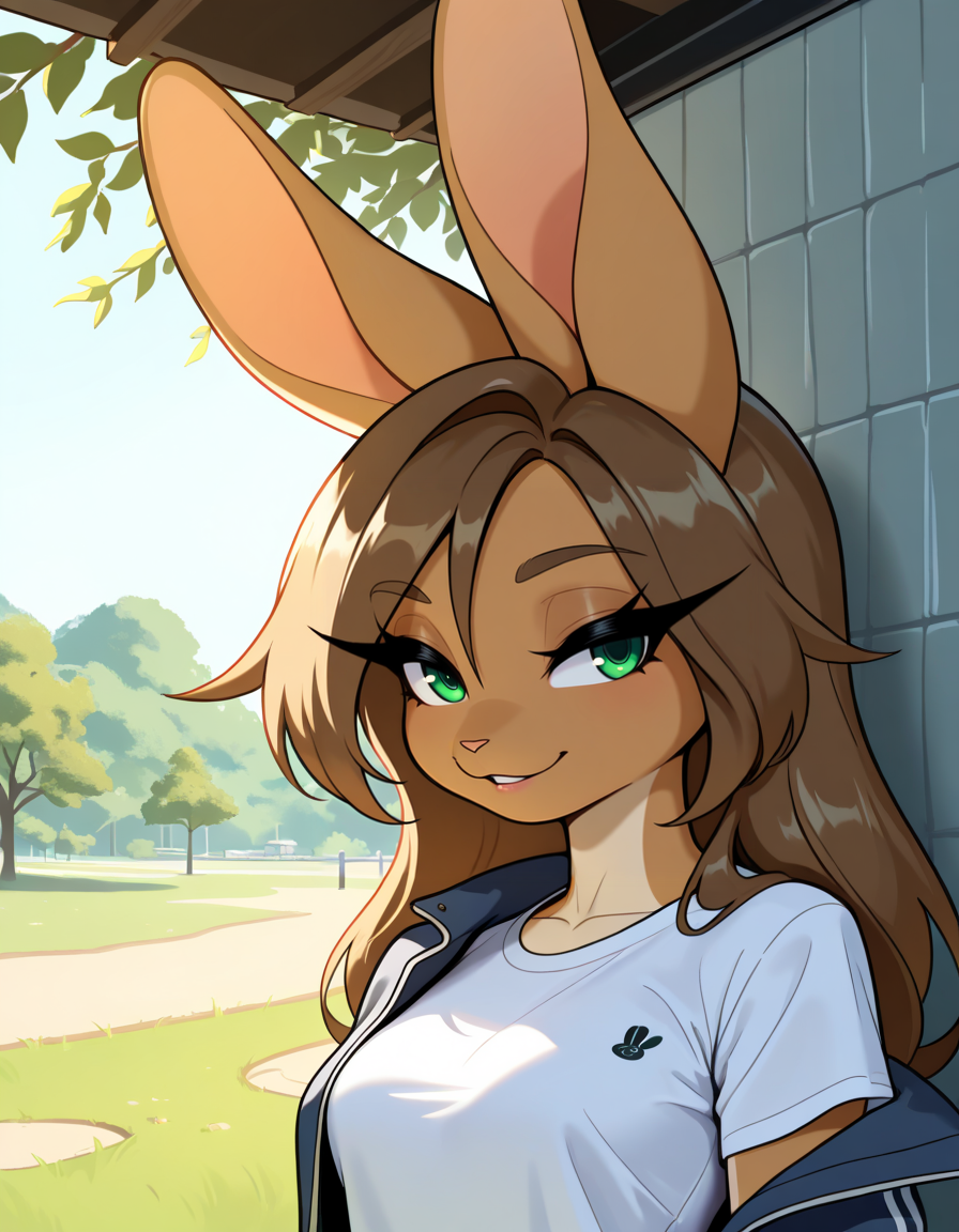 masterpiece, best quality, very aesthetic, absurdres,
outdoors, 
upper body, 
t-shirt, jacket, 
seductive smile, parted lips, long eyelashes,
 <lora:Aubrey_Sky_v01_NAIXL:1>
4ubr3y5ky,1girl,solo,furry,furry female,rabbit girl,long hair,brown hair,rabbit ears,green eyes,animal nose,body fur,brown fur,