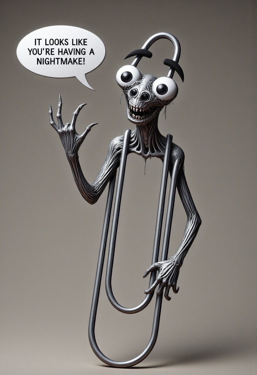 full body photography of horrifying monster clippy with a speech bubble saying "it looks like you're having a nightmare!"