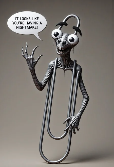 full body photography of horrifying monster clippy with a speech bubble saying "it looks like you're having a nightmare!"