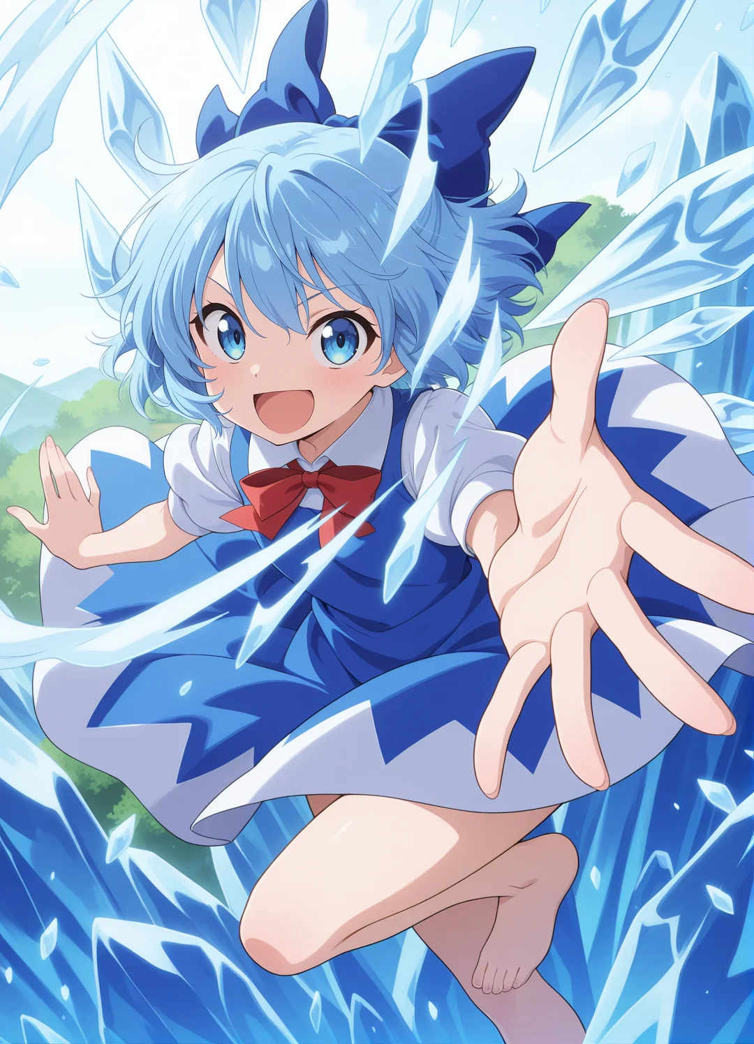 absurdres, highres, masterpiece, best quality, amazing quality, official anime artwork, screencap, anime screencap, outdoors, looking at viewer, open mouth, smile, wind, ice, danmaku, dynamic pose,
<lora:Cirno_Illustrious:1> cirno, 1girl, solo, blue eyes, blue hair, short hair, ice wings, ice,, bow, hair bow, dress, blue dress, short sleeves, blue bow, puffy sleeves, red ribbon,