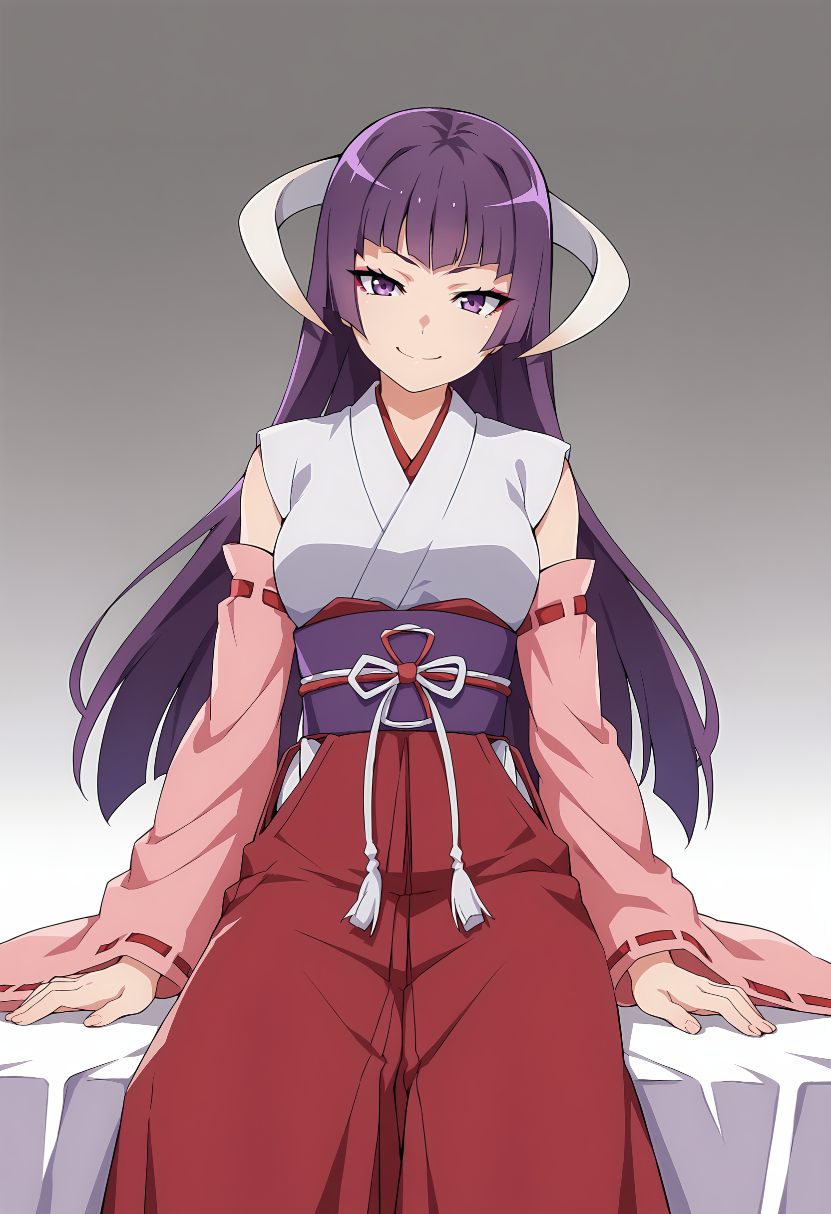score_9, score_8_up, score_7_up, source_anime,  eua, 1girl, solo, japanese clothes, detached sleeves, purple eyes, long hair, purple hair, hakama, hakama skirt, red hakama, horns, skirt, hime cut, miko, smile, looking at viewer, <lora:Eua xl pony:0.7>, white horns, gradient background, gray background, simple background, sitting