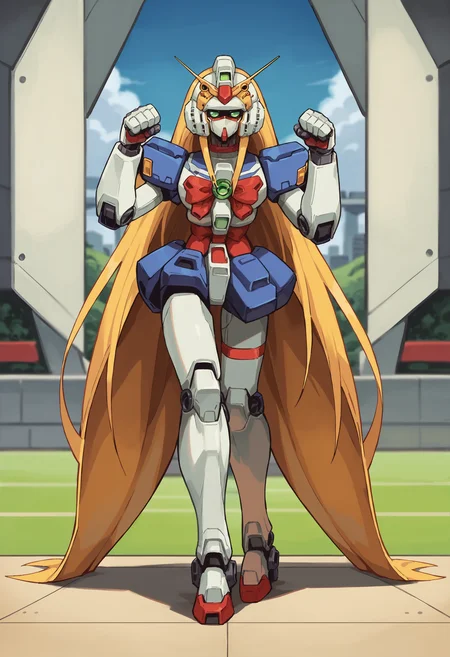 score_9, score_8_up, score_8, source_anime, <lora:NobelGundamF:0.85> solo, robot, mecha, green eyes, no humans, long hair, very long hair, blonde hair, v-fin, bow, red bow, looking at viewer, full body, paw pose,
(grasslands background), blurry background,