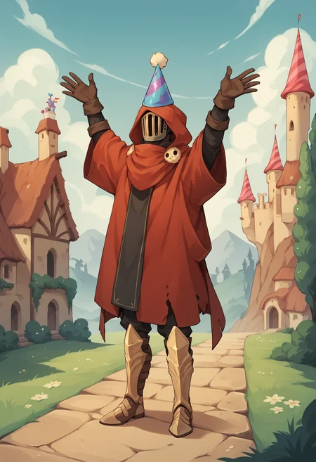 score_9, score_8_up, score_7_up, score_6_up, score_5_up, score_4_up, BREAK, skpdxl, gloves, hood, cloak, armor, male focus, 1boy, solo, mask, helmet, day time, full body, standing, arms raised, hands up, party hat, castle grounds, happy, <lora:SpecterKnight2:0.7>