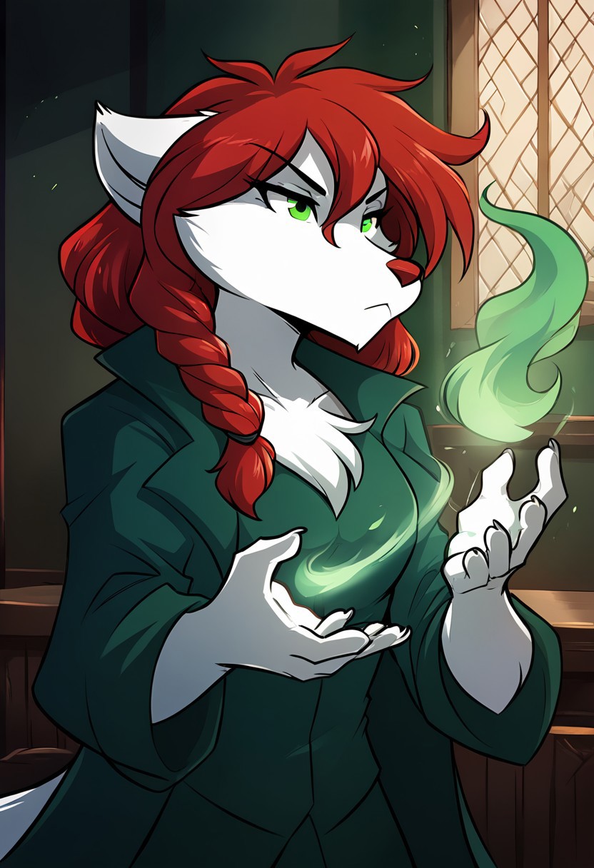 score_9, score_8_up, score_7_up,score_6_up,score_5_up, source_furry
BREAK
solo, furry female anthro, long hair, medium breasts, (serious, seductive), green coat, green trousers, braided hair, (indoors, The great hall), upper body shot, green magic, green magic in hands, green magic fire
BREAK
<lora:Rose-Twokinds-SDXL-AnonTK-V1-000009:1>, rose-twokinds, keidran, mammal, wolf tail, green eyes