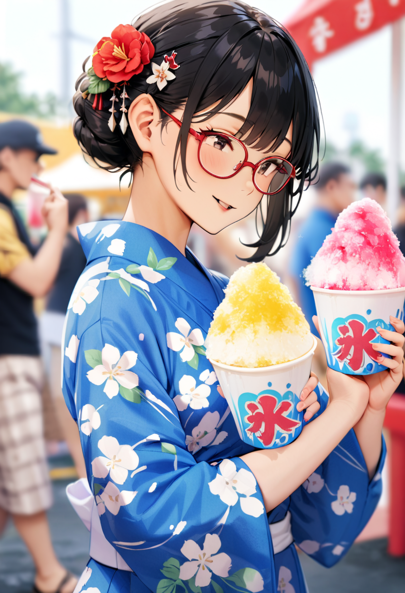 masterpiece, best quality, very aesthetic, absurdres,
1girl, solo, glasses, black hair, short hair, hair bun, hair ornament, yukata, floral print,
holding, holding food, kakikoori_red, shaved ice, cup, food, drinking straw, outdoors, blurry background,
 <lora:kakikoori_SDXL_V2:1>