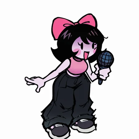 Source_9, source_8_up, source_7_up, source_6, cartoon character, stylized art, cartoonish, cartoon, flat colors, bold outlines, rough outlines, gradient shading, minimal gradients, indie cartoon aesthetic, full body, standing, digital art, 2d, 2d art, holding, holding blue microphone, white background, white skin, colored skin, standing, sleeveless crop top, pink top, baggy pants, tall female, black pants, pink bow, bow on head, large bow, cute girl, cute, cute artstyle, round head, open mouth, tongue, pink blush, blush on cheeks, smiling, happy, dot eyes, dotted eyes, black eyes, small breasts, eyelashes, medium size hair, black hair, bob hair, slender arms, slender legs