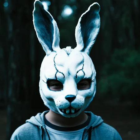 <lora:add-detail-xl:1>
<lora:detailed:0.3>
<lora:perfection style:0.3>
<lora:xl_more_art-full_v1:0.3>
<lora:Donnie Darko film style:1>
a creepy bunny mask with a creepy face,solo,1boy,closed eyes,blurry,no humans,facing viewer , cinematic, film, Donnie Darko film style