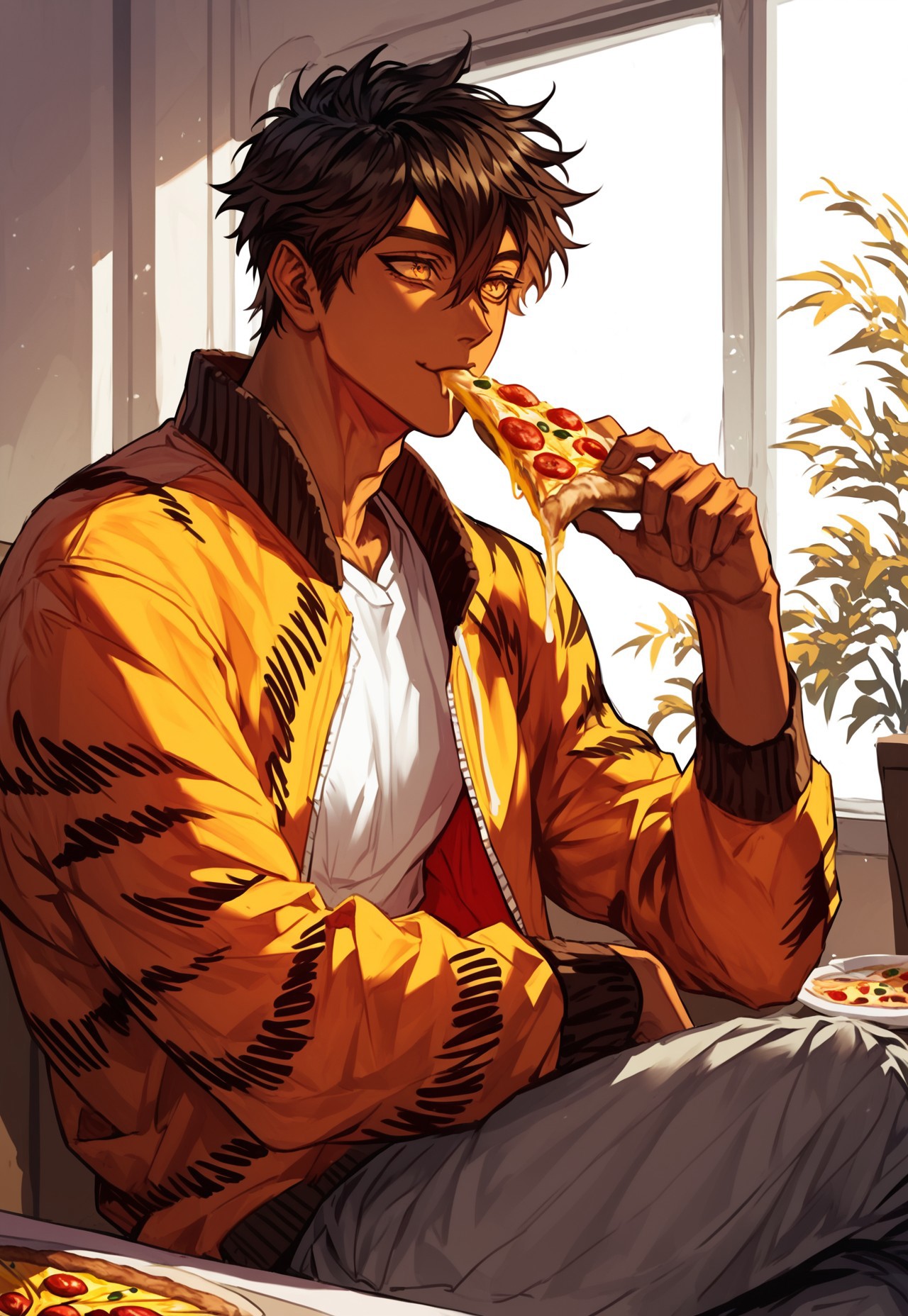score_9, score_8_up, score_7_up, anime, best quality, 1male, short hair, black hair, brown hair, hair between eyes, golden eyes, bright eyes, brown skin, handsome, brown eyelashes, long eyelashes, Roman nose, toned,
,
, 
dynamic pose, character design, calm look, calm,
,
,
cowboy shot, indoors, restaurant, sitting, pizza, eating pizza, joy, happy, cheese strings, open jacket, jacket, loose-fitting T-shirt, gray pants, tiger stripes,
