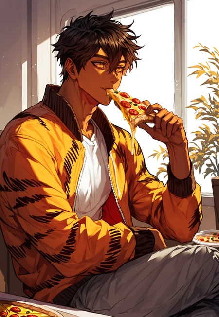 score_9, score_8_up, score_7_up, anime, best quality, 1male, short hair, black hair, brown hair, hair between eyes, golden eyes, bright eyes, brown skin, handsome, brown eyelashes, long eyelashes, Roman nose, toned,
,
,
dynamic pose, character design, calm look, calm,
,
,
cowboy shot, indoors, restaurant, sitting, pizza, eating pizza, joy, happy, cheese strings, open jacket, jacket, loose-fitting T-shirt, gray pants, tiger stripes,