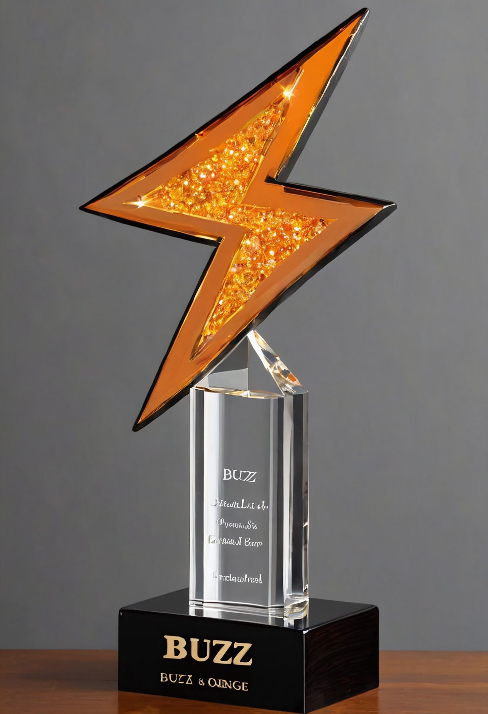 buzz, A big orange lightning made of crystal mounted on a wooden trophee, there is a gold plate on it that reads "BUZZ", black and grey background,
