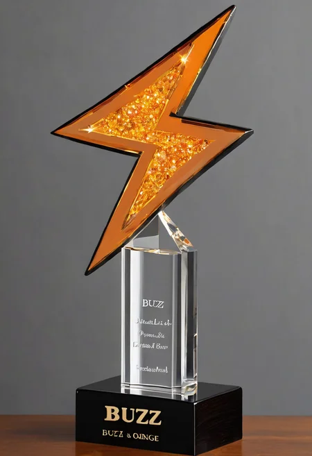 buzz, A big orange lightning made of crystal mounted on a wooden trophee, there is a gold plate on it that reads "BUZZ", black and grey background,