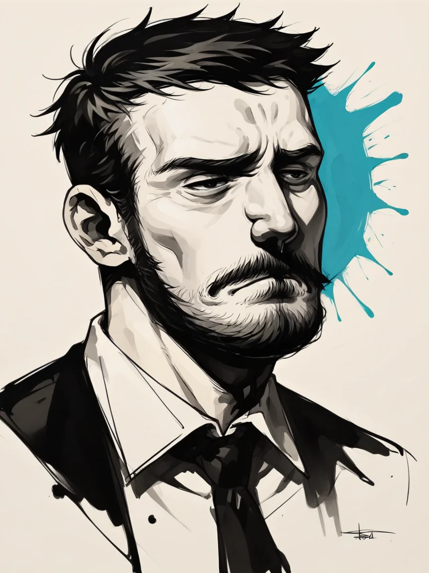 <lora:c0l0urspl4shXLP2:0.7> c0l0urspl4sh, 1boy, short hair, colour splash, tired, facial hair, (mustache:0.2), plump, wide nose