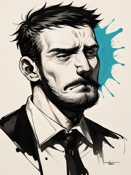 <lora:c0l0urspl4shXLP2:0.7> c0l0urspl4sh, 1boy, short hair, colour splash, tired, facial hair, (mustache:0.2), plump, wide nose