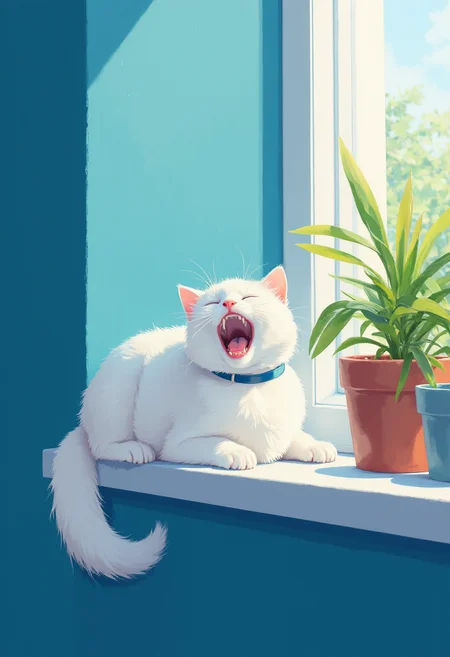 a cute happy white kitten with sapphire collar yawning, lounging on a windowsill. the wall is painted blue with a shadow below windowsill, vivid pastel colors, small potted plant