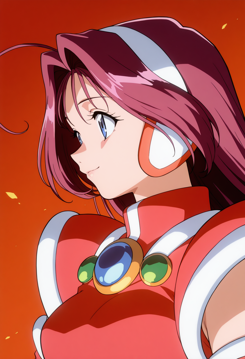 masterpiece, best quality, very aesthetic, absurdres, 1girl, solo,
<lora:corrector_haruna_fire_v01:0.9>, corrector_haruna, fire_element_suit, pink hair, long hair, ahoge, blue eyes,
magical girl, hairband, red armor, red dress, brooch, red elbow gloves, profile, (smile:0.7), portrait