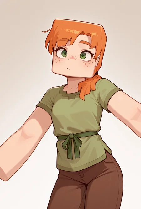 <lora:alexmc-05:1> alexmc, orange hair, 1girl, solo, green eyes, long green shirt, brown pants, short sleeves, freckles, square arms, square body, green waist ribbon, dynamic pose,, masterpiece, best quality, amazing quality, very aesthetic, absurdres, newest,