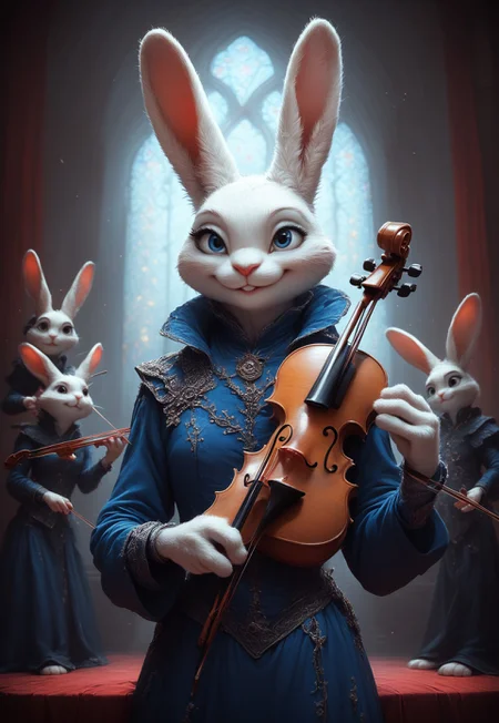 FF Realistic Portrait, kftenhance, Score_9, Score_8, Score_7,  1girl, rabbit, furry, white fur, rabbit ears, musician, dark blue outfit,  playing violin,  smiling, mansion interior  