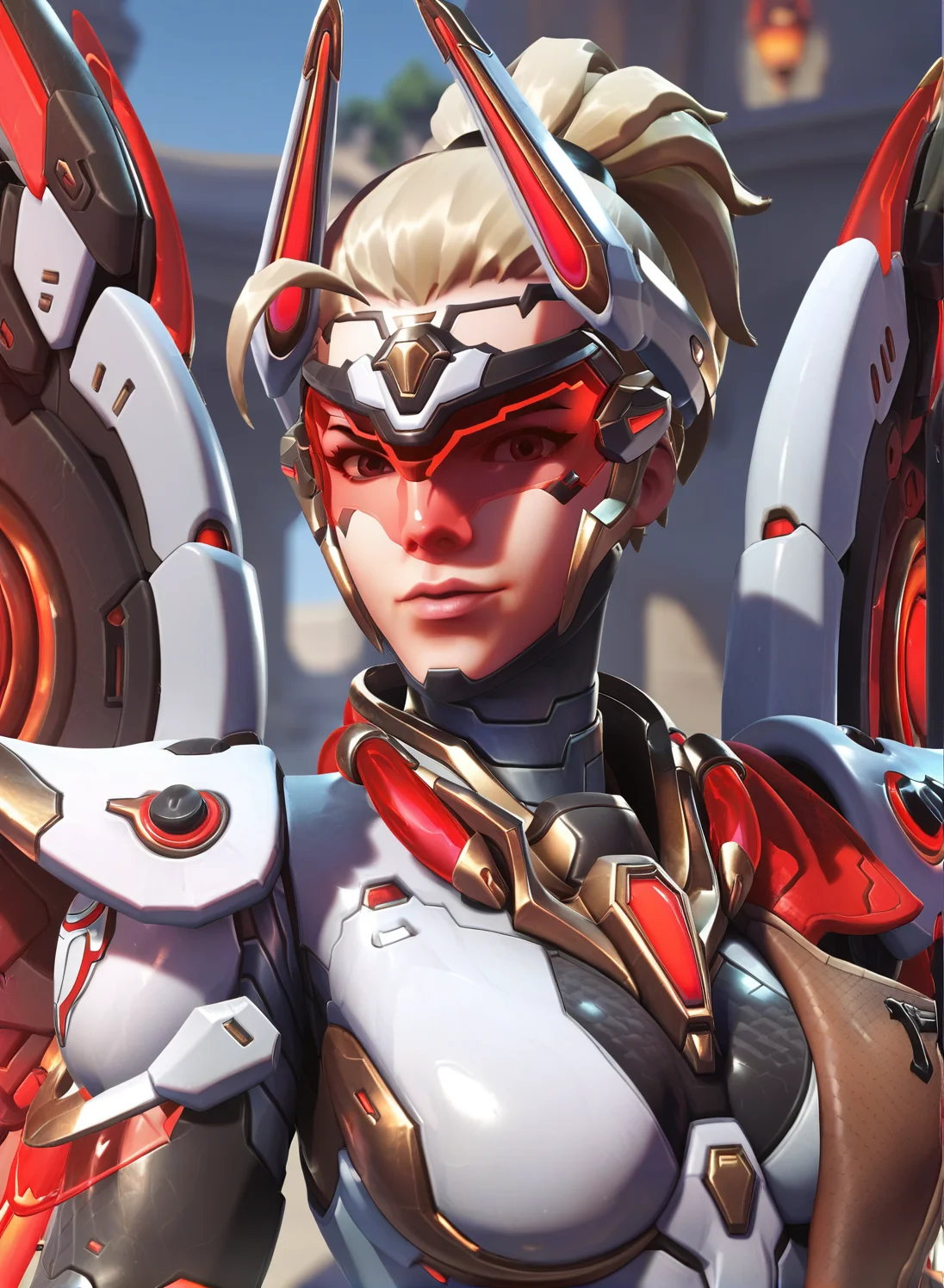 score_9, score_8_up, score_7_up, source_anime, <lora:mercy_veng_next_2:0.6> vengeance_mercy, red bundle, wings, red wings, mecha, upper body, red visor, visor, spread wings