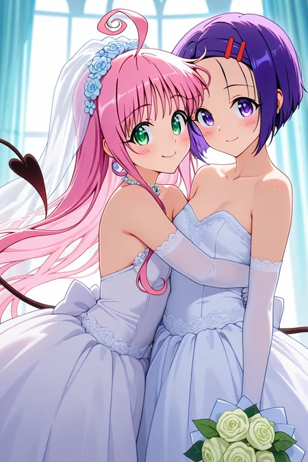 masterpiece, best quality,   <lora:ToLoveRuStyleIXL_v1:1.0>,  2girls, hug, blush,  smile, looking at viewer,   Lala deviluke, long hair, pink hair, tail, ahoge, bangs, hair ornament, green eyes, demon tail,  sairenji, hair ornament, hairclip, purple eyes, purple hair, short hair, swept bangs, forehead,     bride, wedding dress, bridal veil, strapless dress, elbow gloves, holding bouquet, smile, looking at viewer,