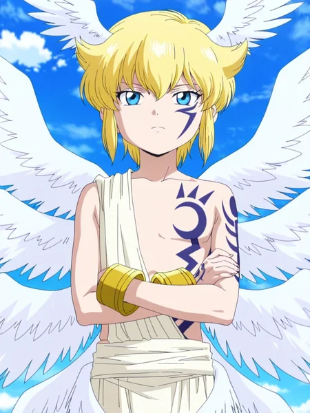 Lucemon,wings,blonde hair,solo,1boy,multiple wings,angel wings,head wings,tattoo,angel,<lora:Lucemon:0.8>,cowboy_shot,looking_at_viewer,<lora:anime_screencap-IL v-pred:1>,anime screencap,anime coloring,blue sky,clouds,the sky,blue eyes,crossed_arms,, masterpiece,best quality,amazing quality,
