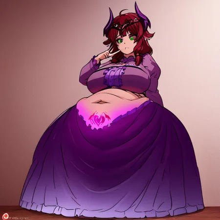 ocgoatchan, purple horn, black horn, glowing horn, big breasts, womb tattoo, 1880_dr3ss, 1890_dr3ss, 1900_dr3ss, 1905_dr3ss, 1910_dr3ss, Fortuny, takeda hiromitsu style, saggy belly, big belly, fat belly, big butt, wide hips, medium breasts, motherly, bell skirt, gown, frills, long sleeves, puffy sleeves, heterochromia, green eye, black sclera,