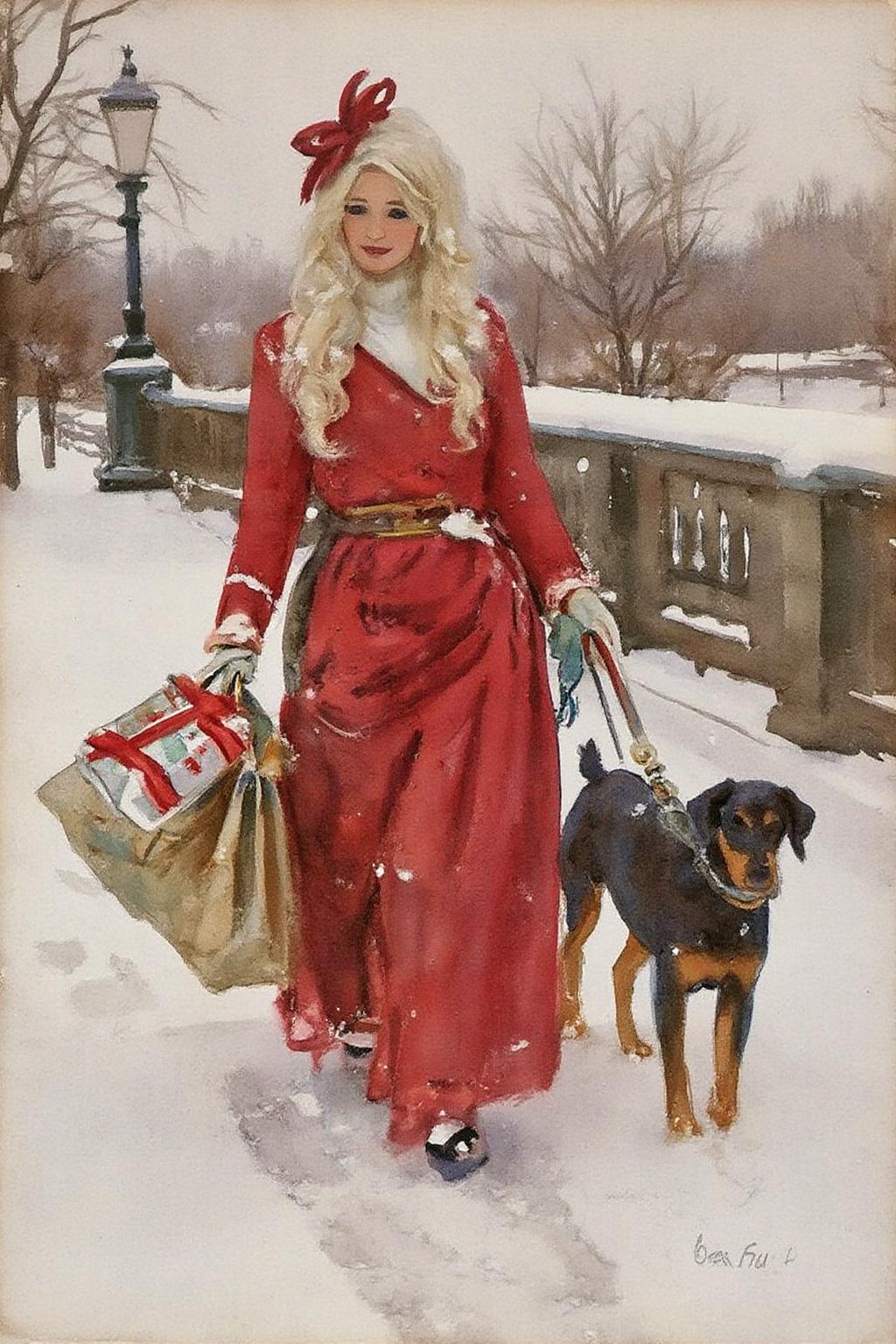johnsingersargent3 painting. 
A woman with long, wavy white hair is wearing a red dress with a high slit and a red bow in her hair. She is walking in the snow on a bridge, holding a shopping bag filled with wrapped presents in one hand and a leash attached to a dobermann dog in the other.   <lora:johnsingersargent3_cap_d8a4e12:1.0><lora:859974510529537378:0>