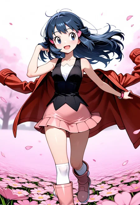 1girl,dawn_(Pokemon),solo,flower field,fluttering petals,:d,hair flip,(drifting unworn coat:1.5),pink buttons on placket,front right placket Peacoat,(black sleeveless dress),black long hair,pink hairclip,white kneehighs,pink boots,pink miniskirt,perfection style,masterpiece,best quality,amazing quality