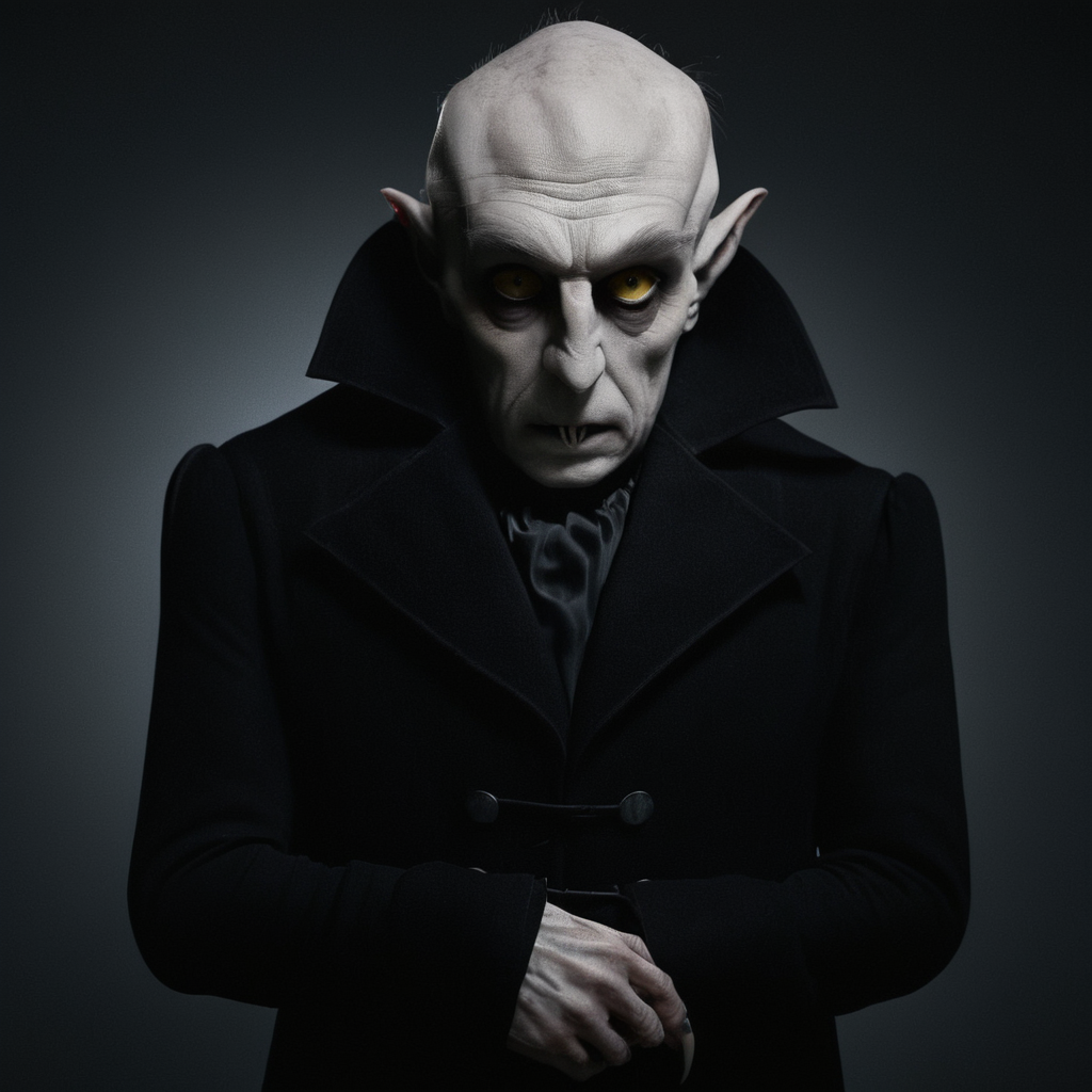 cinematic film still of  <lora:Nosferatu:1>
Nosferatu a man in a long black coat and a white face,solo,simple background,1boy,white background,standing,full body,yellow eyes,male focus,pointy ears,fingernails,colored skin,bald,cane , Count Orlok, bald head, white skin, pale skin, vampire, realistic, realism, photorealism, hyperrealism, hyperrealistic, realistic, sharp, detailed, cinematography style, film light style, movie still,  professional photography, artistic, perfection, contrast, cinematic, filmic, high quality photo,  8k quality, colorful, photography style, horror style, shallow depth of field, vignette, highly detailed, high budget, bokeh, cinemascope, moody, epic, gorgeous, film grain, grainy