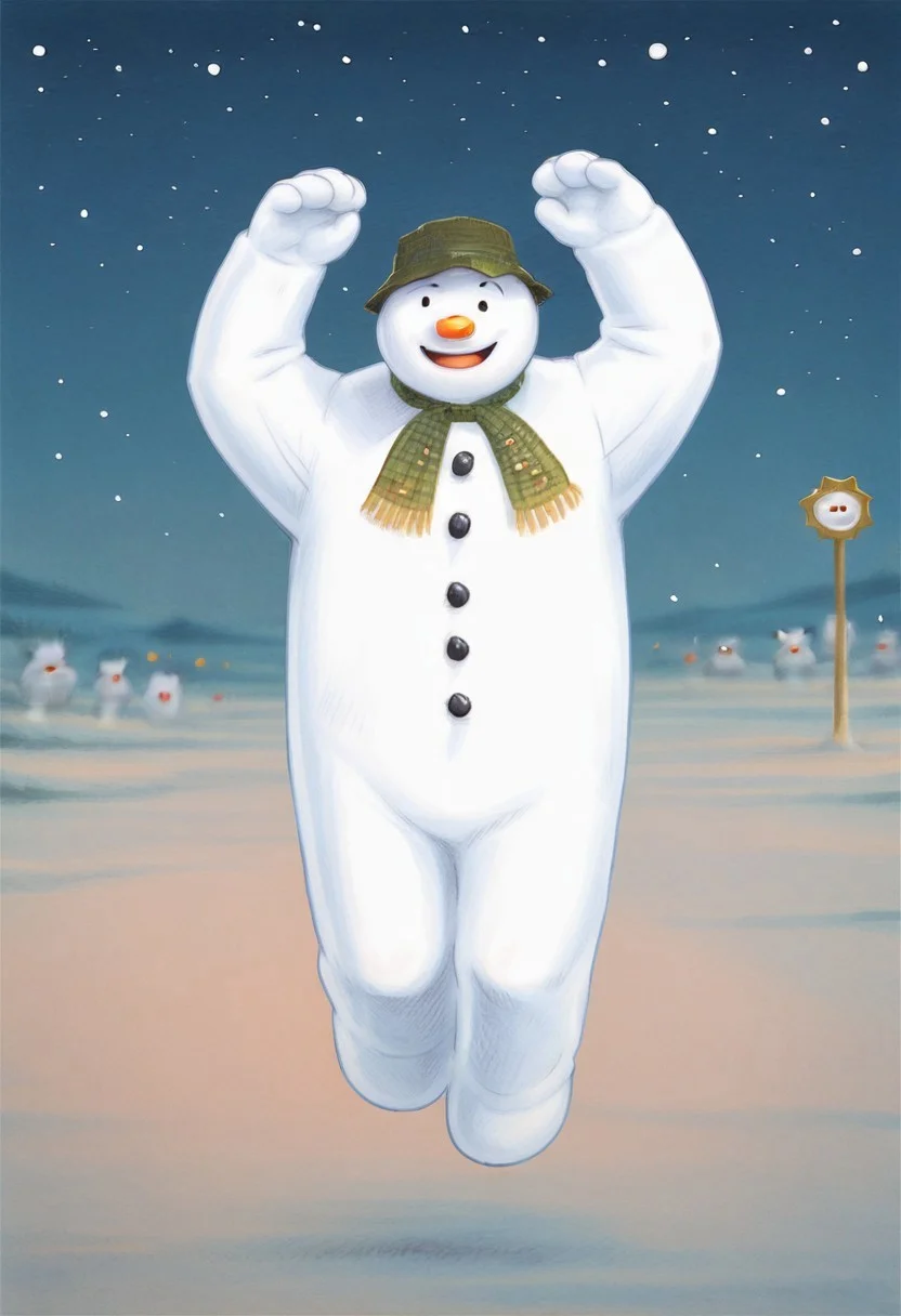 score 9, score 8, score 7, 1boy, solo, sn0wman, snowman, smile, open mouth, full body, black eyes, orange nose, hat, scarf, buttons, detailed, masterpiece, night sky, (flying), (dynamic pose), arms raised,