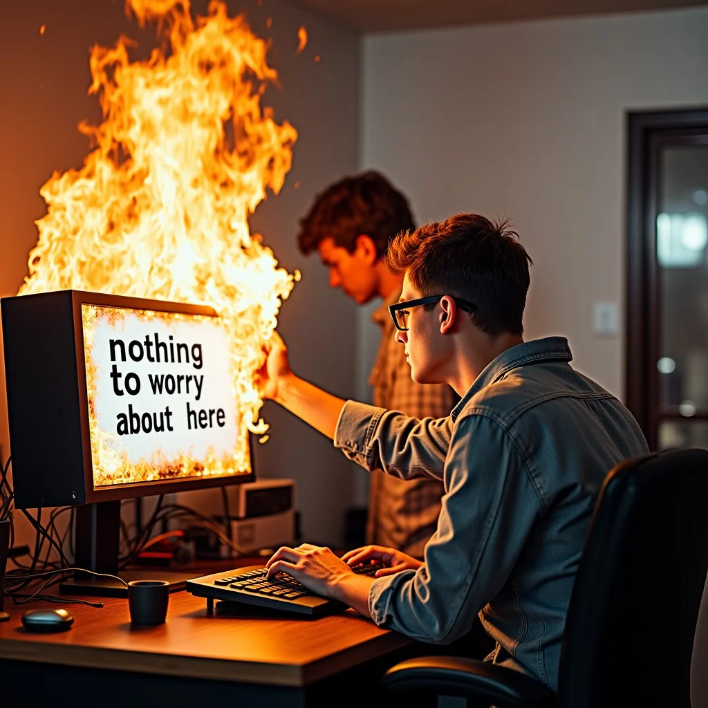 Photo of nerdy tech college techie Fanning a burning computer, a large white sign says "nothing to worry about here"