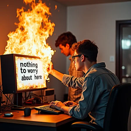 Photo of nerdy tech college techie Fanning a burning computer, a large white sign says "nothing to worry about here"