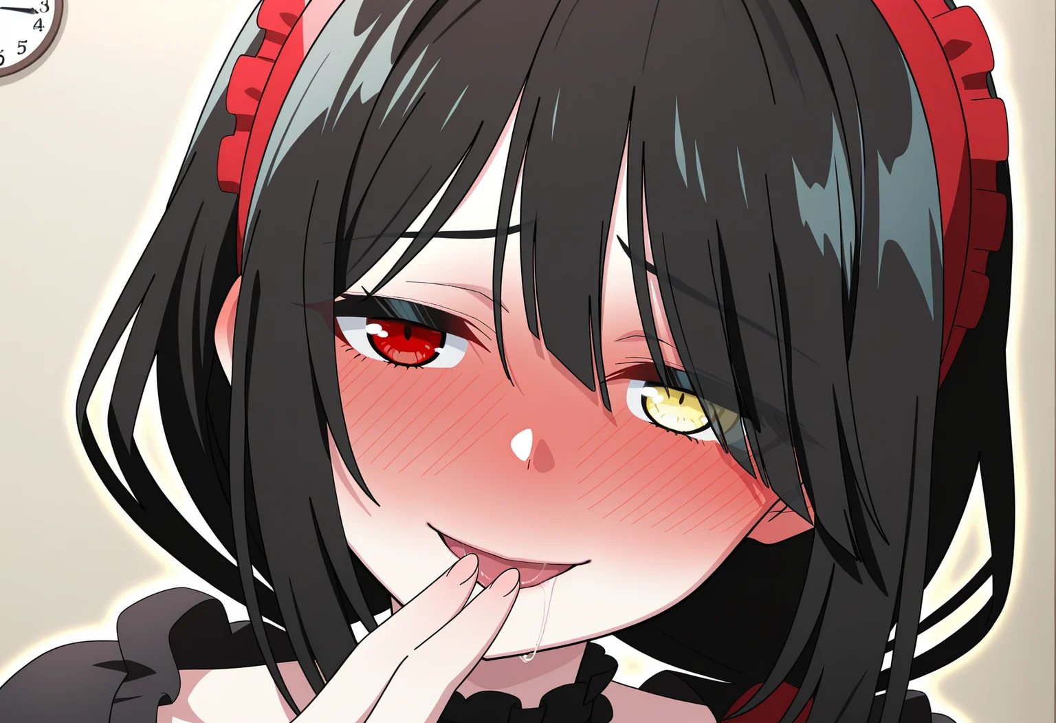masterpiece, best quality, high resolution, source_anime, highly detailed illustration, detailed eyes,
very aesthetic, absurdres, newest, amazing quality, anime coloring, anime screenshot,
1girl, solo, anime screencap,  tokisaki kurumi, crazy eyes, crazy smile, full face blush,
official art, heterochromia, red hairband, twintails, black dress, red eyes, clock eyes, yellow eyes,
shisedupose, fingers to lips, looking at viewer,  smile, blush, open mouth, blush, seductive smile, portrait, saliva trail, close-up, ;p, 
<lora:shiSeduciveFingerV1ill:1>