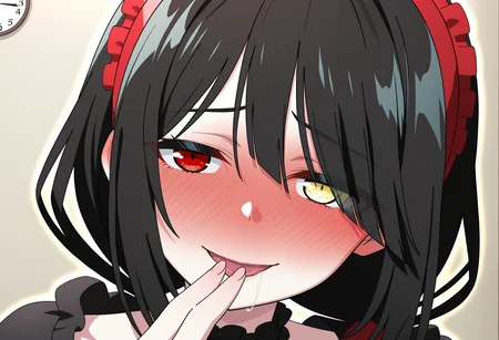 masterpiece, best quality, high resolution, source_anime, highly detailed illustration, detailed eyes,
very aesthetic, absurdres, newest, amazing quality, anime coloring, anime screenshot,
1girl, solo, anime screencap, tokisaki kurumi, crazy eyes, crazy smile, full face blush,
official art, heterochromia, red hairband, twintails, black dress, red eyes, clock eyes, yellow eyes,
shisedupose, fingers to lips, looking at viewer, smile, blush, open mouth, blush, seductive smile, portrait, saliva trail, close-up, ;p,
<lora:shiSeduciveFingerV1ill:1>