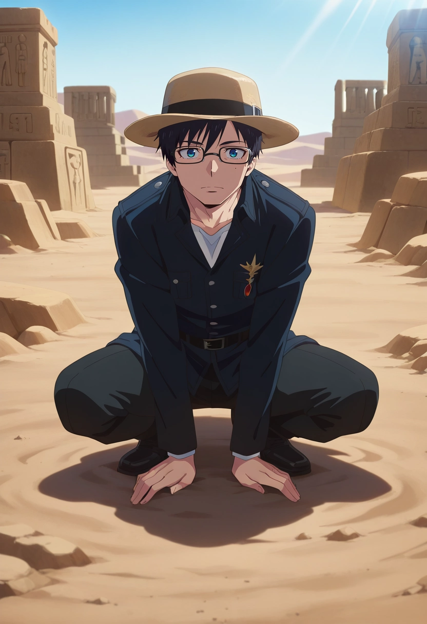 masterpiece, best quality, , anime screencap, , , looking at viewer, 1boy, solo, male focus, <lora:yukio_okumura_ilxl:0.92>, yukio_okumura, black hair, blue eyes, mole, mole under eye, glasses, black-framed eyewear, desert ruins, sandstone walls, hieroglyphics, buried treasure, excavating pose, focused expression, harsh sunlight, , panama hat