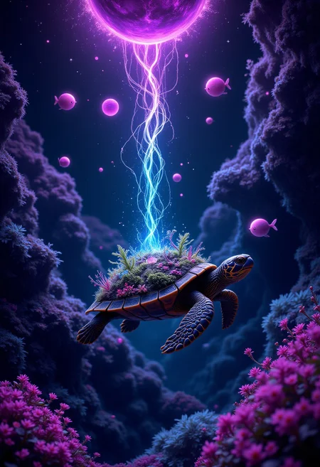 aidmaMJ6.1, aidmaimageupgrader, An extremely detailed, dark fantasy scene featuring a cute yet mysterious turtle swimming through an enchanted universe. The universe is deep and dark, with swirling stars and planets with magical energy glowing faintly in vibrant, eerie hues—neon purples, deep blues, and glowing greens—casting an otherworldly light across the universes depths. The turtle’s shell is beautifully detailed, with a world on its back, it is adorned with vegetation and oceans. It glides effortlessly through the universe, surrounded by magical planets and stars that swirl around it like living entities.The fish are replaced by shadowy, ethereal creatures that flicker in and out of existence, adding an eerie yet captivating feeling. Soft beams of mystical light pierce through the water from above, creating glowing trails as they interact with the turtle’s magical aura. The entire scene is infused with a sense of awe and wonder, filled with dark magic and surreal beauty, capturing both the charm of the turtle and the mysterious, magical world it inhabits. Vivid colors, multiple colors, neon colors, vaporwave, synthwave, 80s theme,
