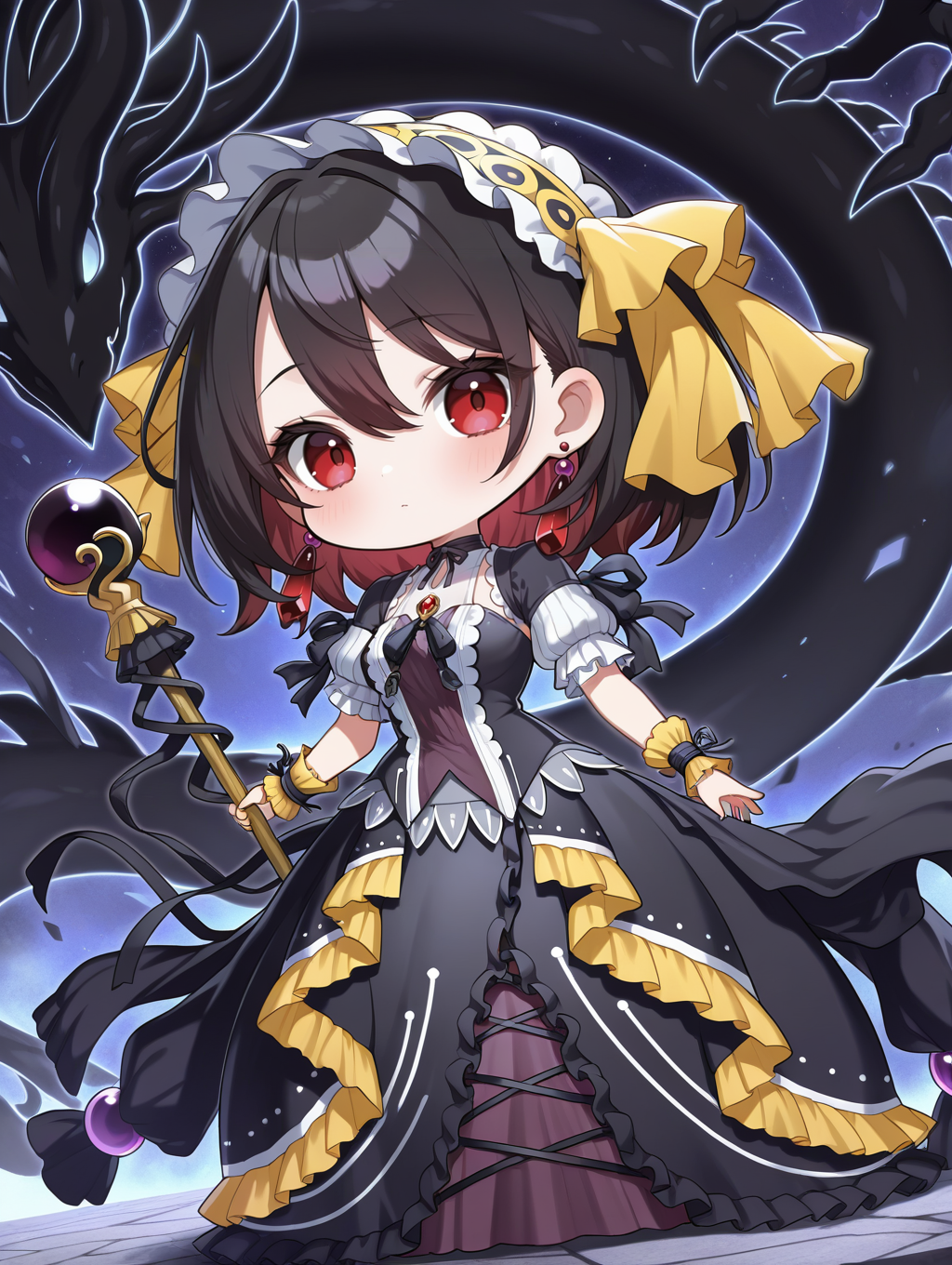 underworld goddess of the closed world,black princess dress,yellow short sleeves,1girl,solo,looking at viewer,chibi,staff,holding staff,yellow hairband,black dragon,red earrings,black frills,
masterpiece,best quality,amazing quality,very aesthetic,absurdres,newest,<lora:underworld goddess of the closed world illuXL v1:0.75>,