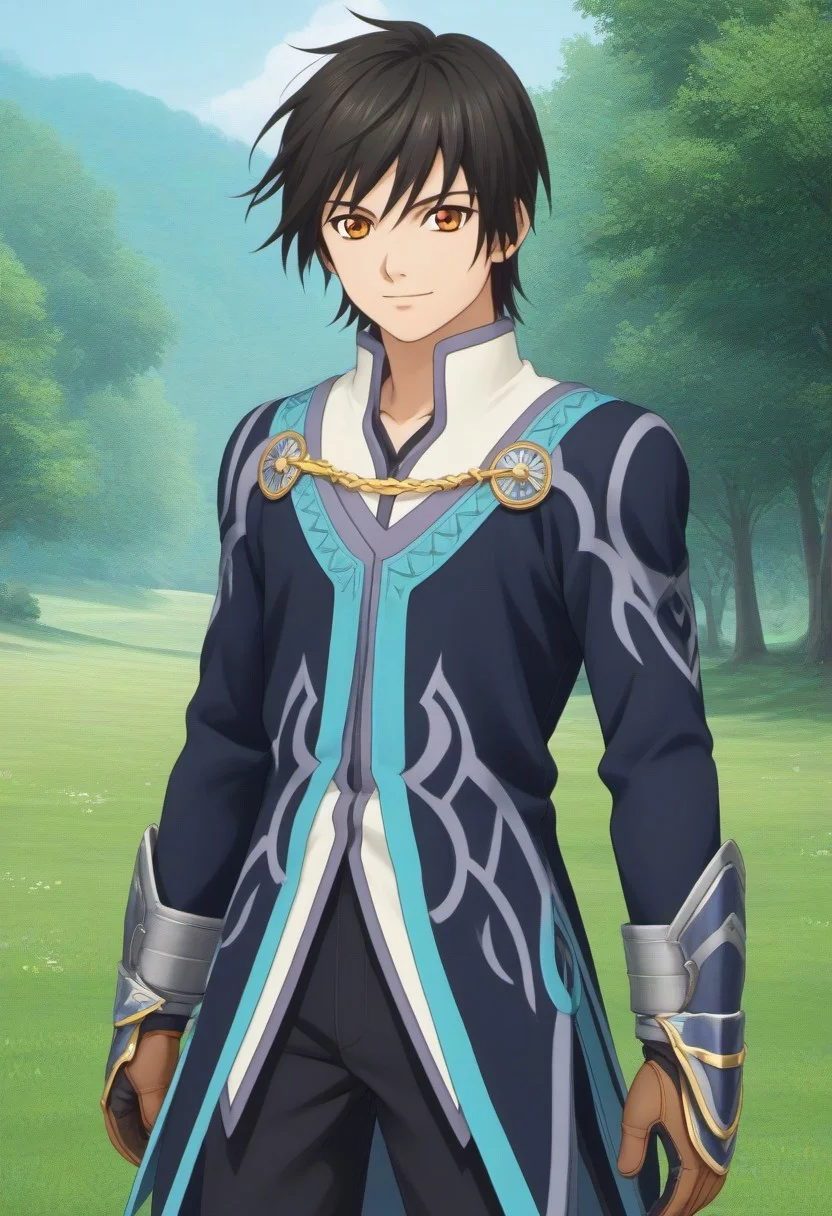 ((masterpiece)), ((best quality)), ((ultra-detailed)), ((absurdres)), score_9_up, score_8_up, score_7_up,
HD, top quality, best quality, amazing quality, High-quality illustrations, anime screencap, source_anime, best aesthetic, perfect proportions, perfect eyes, 1boy, 1male, solo boy, solo male, male focus, solo male focus, Anime, boy, male anime character, anime boy, handsome, cute, charming, sexy, good-looking, Jude Mathis 1, black hair, orange eyes, long tail coat, coattails, brown gloves, gauntlets, black pants, boots, ((lean body)), ((cowboy shot, head to hips shot)), ((fantasy medieval background, nature, beautiful scenery, epic fantasy background)), easynegative, updn, Expressiveh, masterpiece, best quality, very aesthetic, absurdres