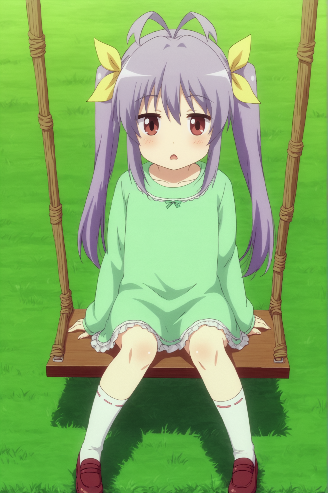 <lora:Renge_Miyauchi:0.7>, Renge Miyauchi, 1girl, solo, looking_at_viewer, blush, open_mouth, long_sleeves, dress, ribbon, sitting, outdoors, socks, day, :o, kneehighs, white_socks, grass, green_shirt, swing <lora:sdxl_lightning_4step_lora:1>
