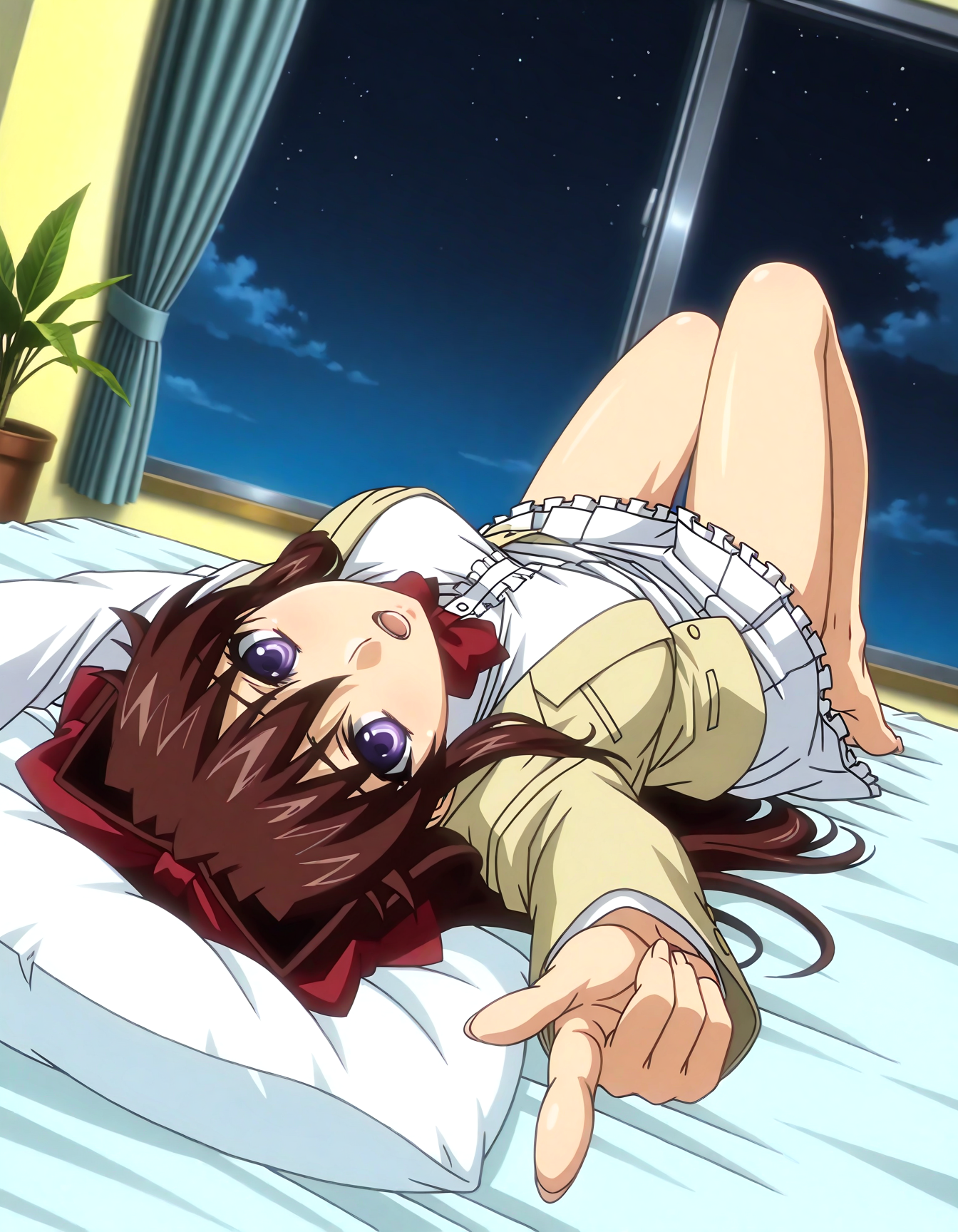 (1girl, solo:1.3), (2girls, 3girls, 4girls, multiple girls, 2boys, 3boys, 4boys, multiple boys:-1.5) <lora:Kuonji_Ningyo_Kojin_Jyugyou_-_Mippei_Suisou_Illustrious:0.9>, kuonji_ningyo, large breasts, blue eyes, brown hair, long hair, hair intakes, bangs, hair between eyes, long sidelocks, hair bow, hair ribbon, blazer, red bow, open mouth, open clothes, school uniform, shirt, purple eyes, large breasts, long sleeves shy, open eyes, general, contrapposto, dynamic pose, pointing at viewer, portrait, from behind, from below, dutch angle, , indoors, infirmary, clean, (white theme:1.3), bed sheet, pillow, head on pillow, on bed, lying, on back, wide window, outdoor view, curtains, plant, potted plant, (perspective:0.7), barefoot, <lora:NOOB_EPSv1_1_detailer_by_vlnvk_v1_0:1.5>, (photo background:0.7), night, (tachibana yuu:0.6), inue shinsuke, (kazuma muramasa:0.0), saikawa yusa, (aoi manabu:0.6), abarerumidori, (suzui narumi:0.6), masterpiece, newest, absurdres, 8K, anime screenshot, anime coloring, flat color, official art, film grain, <lora:illustriousXLv01_stabilizer_v1.185c:0.7>, <lora:LECO_Solo:-4.0>,