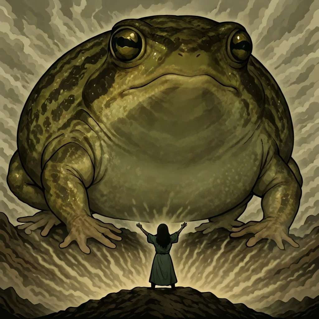 masterpiece, best quality, newest, absurdres, highres, anime, anime style, 1girl, SGV1.0, outstretched arms,
from behind,
DRFTPFV1.0, frog, desert rain frog, african rain frog, animal, animal Focus, oversized animal, gaint, giant, size difference