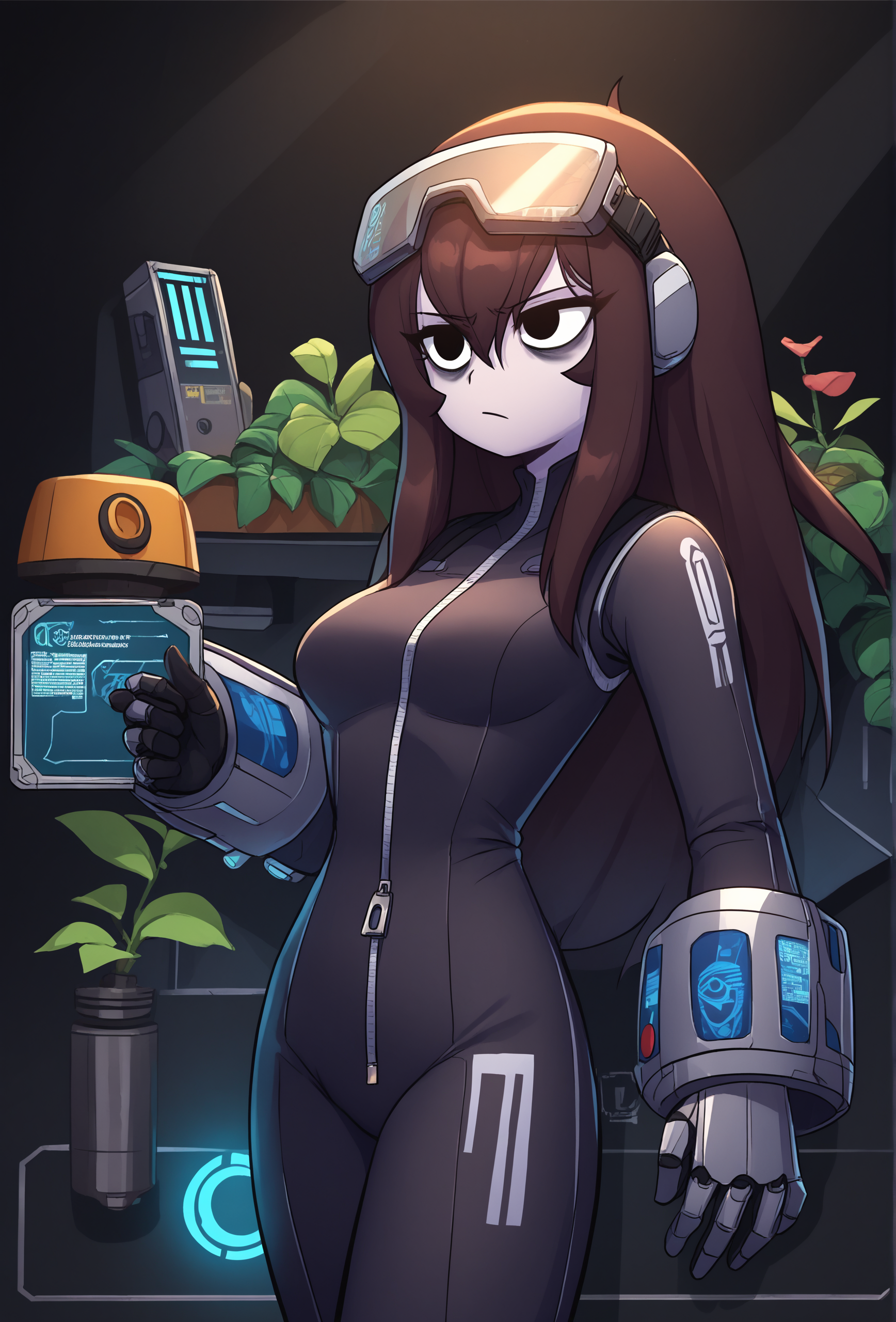 score_9, score_8_up, score_7_up, score_6_up, score_5_up, score_4_up,   <lora:rosemary_cabronpr_ponyXL_v1.3:0.7> rosemary, 1girl,bags under eyes, black eyes, no nose, colored skin, science fiction, spacecraft, holographic interface, black background, plant, machinery, bodysuit, armored boots, armored gloves, goggles on head, zipper,   <lora:fluffkevlar_style_ponyXL_v1:0.7>