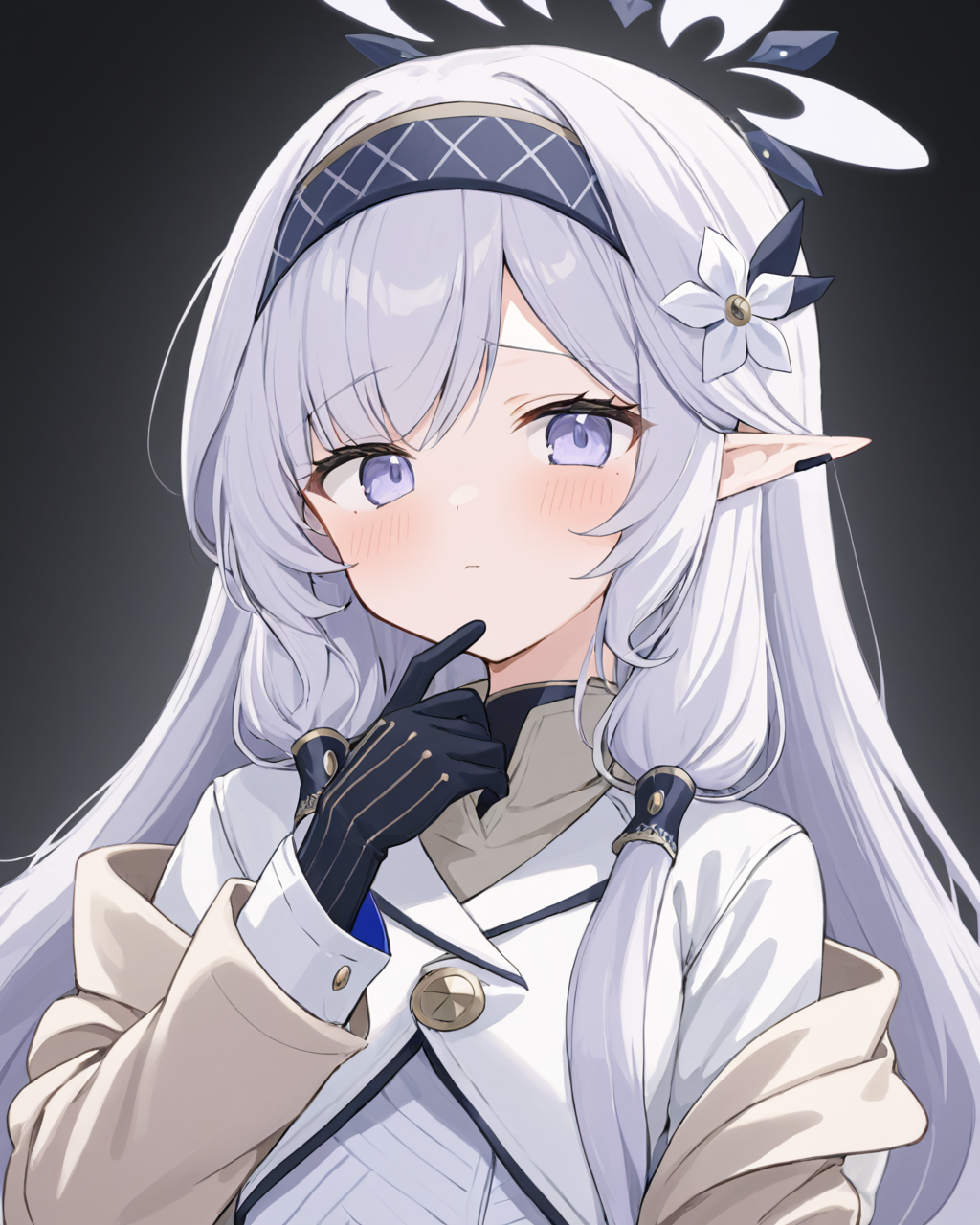 himari \(blue archive\),1girl, solo, hair_flower, halo, mole_under_eye, black_gloves, white_background, upper_body, blush, simple_background, white_jacket, long_sleeves, closed_mouth, cropped_torso, hair_tubes, black_hairband
<lora:himari_(blue_archive)_image1099_2023-11-27:1>halo. gorgeous,key visual, vibrant, studio anime,award-winning, professional, highly detailed,high budget, cinemascope