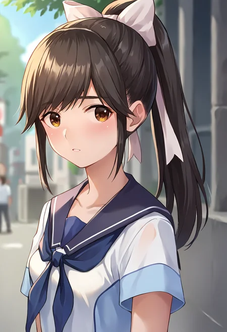 score_9, score_8_up, score_7_up, masterpiece, source_anime 1girl, ct_m4na, long hair, ponytail, hair bow, white serafuku, short sleeves, blue sailor collar, blue neckerchief, blue skirt outdoors, depth of field, city, cowboy shot, shiny skin, upper body,  <lora:Manaka Takane_Pony_ct_ver2:1>