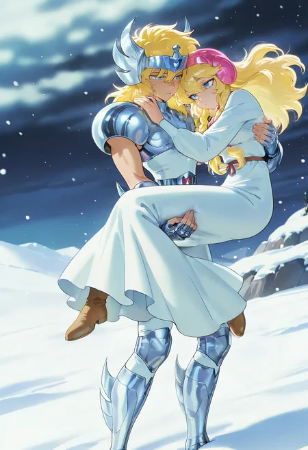 1boy embracing 1girl,snow,winter,princess carry BREAK
<lora:Cygnus_Hyoga_v2_Saint_Seiya_ILXL:0.8>cygnushyov2,1boy,blue eyes,slender figure,toned male,swan circlet,silver pauldrons,silver armor,fingerless silver gauntlets,white pants,silver boots,silver kneepads,white undershirt,belt buckle,wavy blonde hair,sleeveless,
<lora:seiya_girls2_ill:0.8>Freya,blonde hair,braids,pink headscarf,white dress,robes,bare hands,long dress,(brown snow boots:1.1), very awa, masterpiece, best quality, amazing quality, very aesthetic, absurdres, newest, scenery, (volumetric lighting), <lora:spo_sdxl_10ep_4k-data_lora_webui:1>